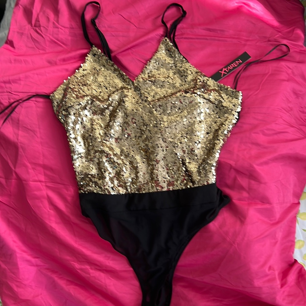 Gold sequin low cut bodysuit